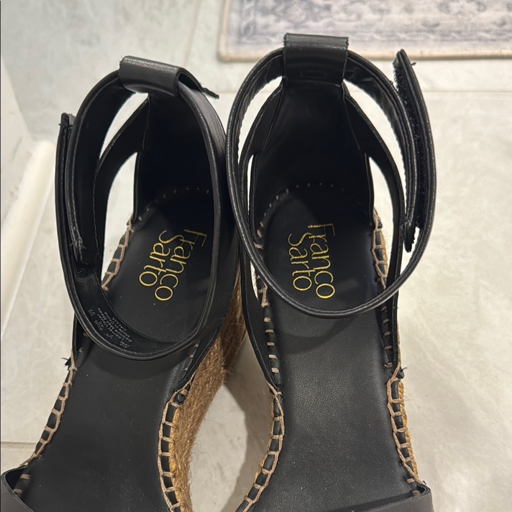 Franco Sarto Black and Tan Wedge Sandals - Picture 5 of 9